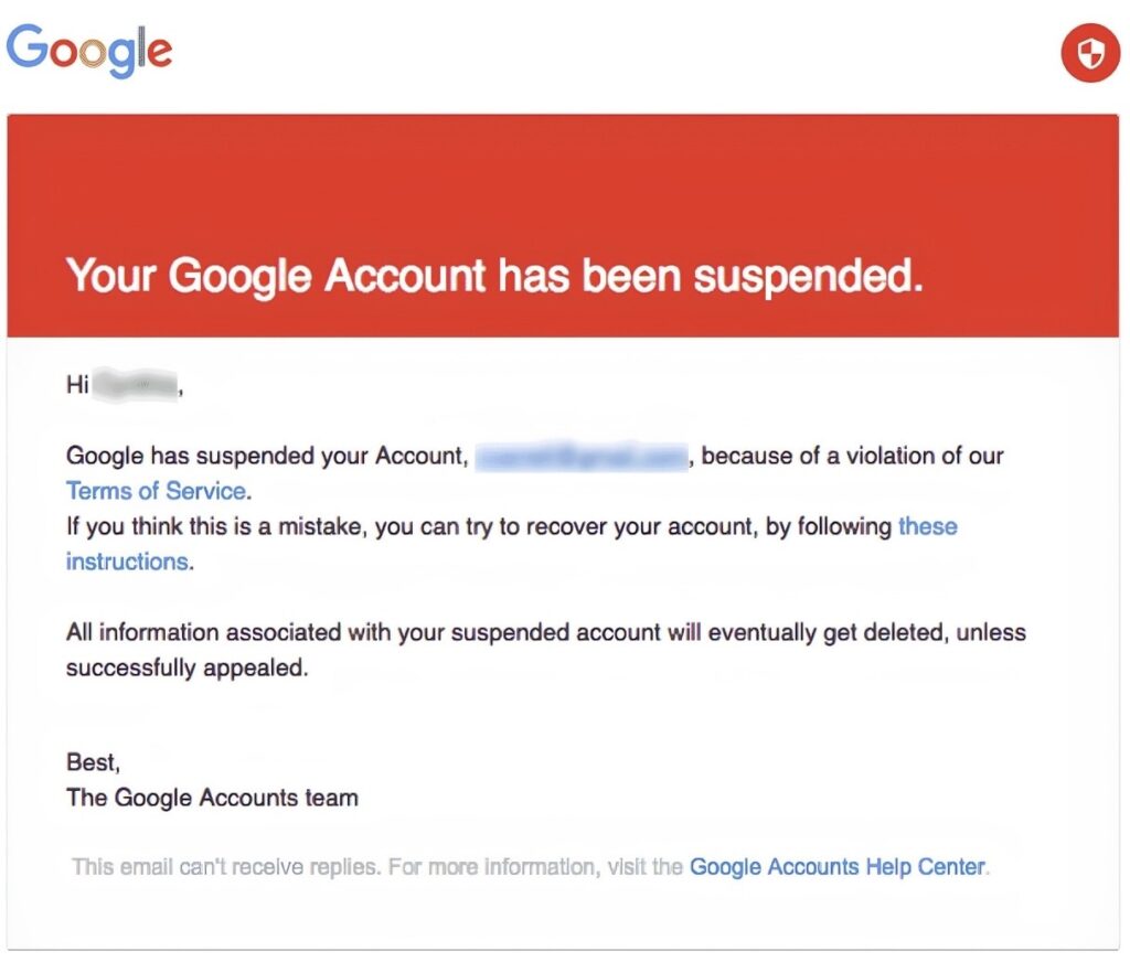 An example of Google Account Suspension
